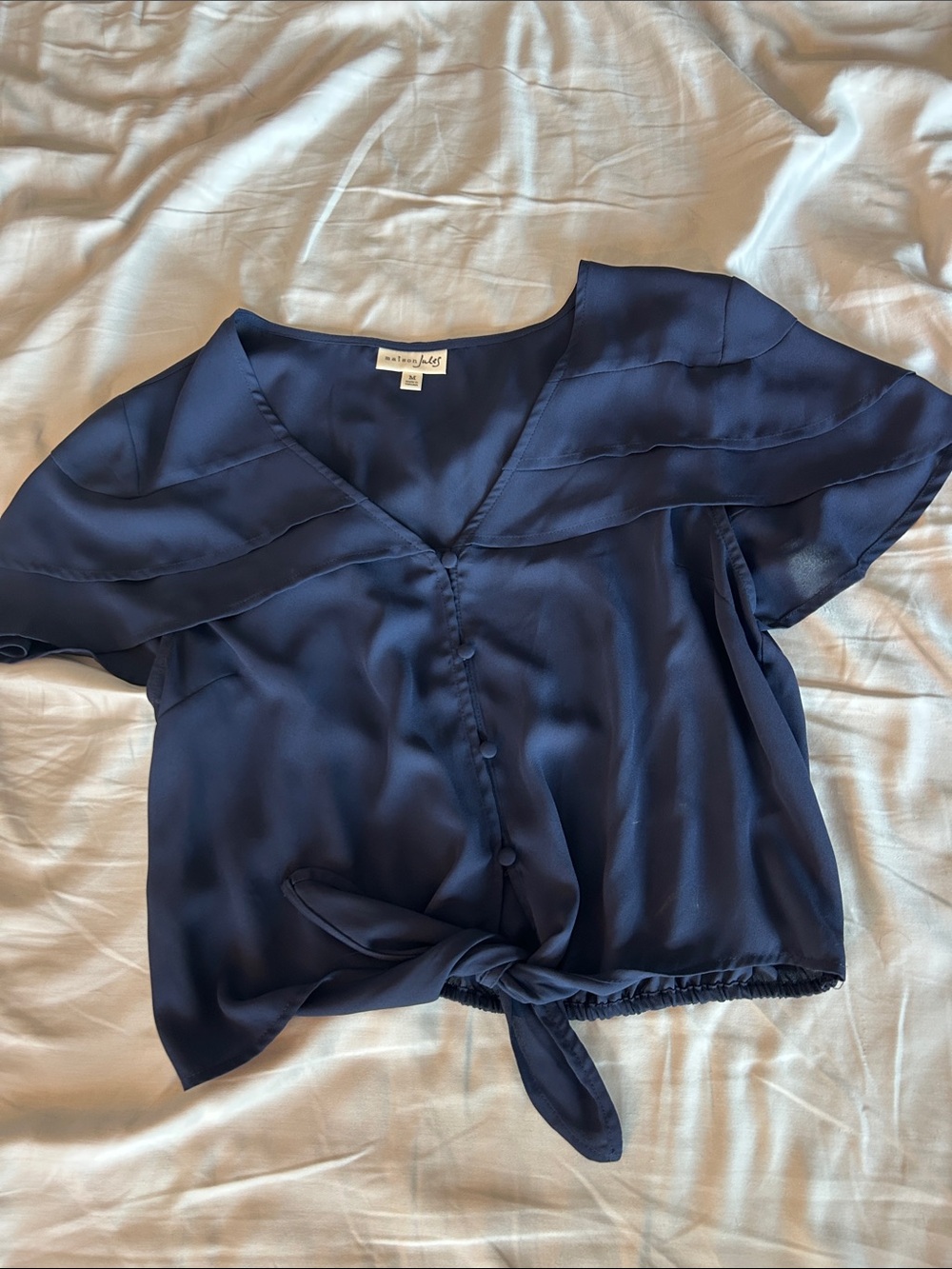 Navy sheer satin Tie-Front Blouse with flowy sleeve
